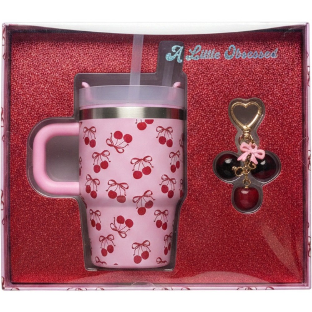 A Little Obsessed The Berry Best Gift Set 14oz Pink Cherry Tumbler and Bag Charm